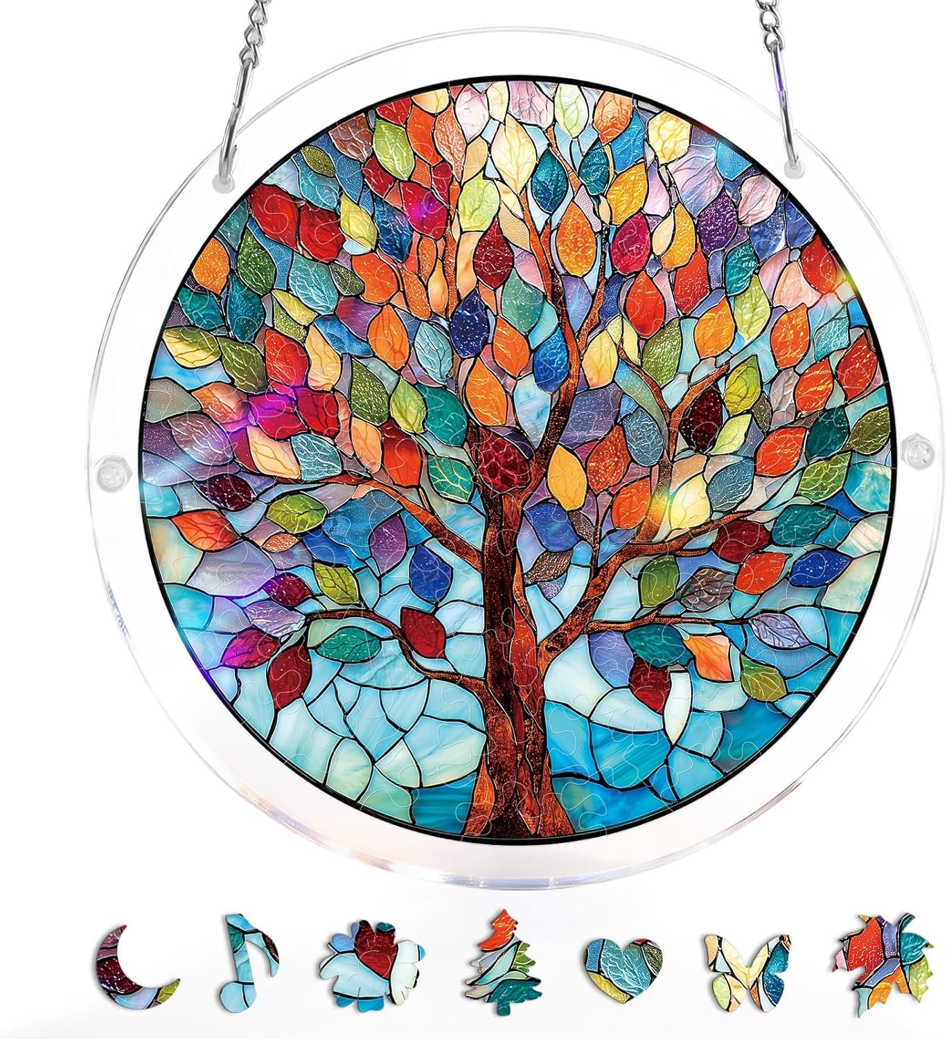 Acrylic Jigsaw Puzzle Suncatcher, 20cm/7.9in Acrylic Puzzle Sun Catcher, for Doors Garden and Window Hanging&Birthday Gift (Vivid Tree)