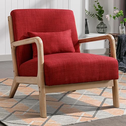 INZOY Silla decorativa moderna de mediados de siglo con marco de madera, sillas tapizadas para sala de estar con cojín de cintura, sillón de lectura
