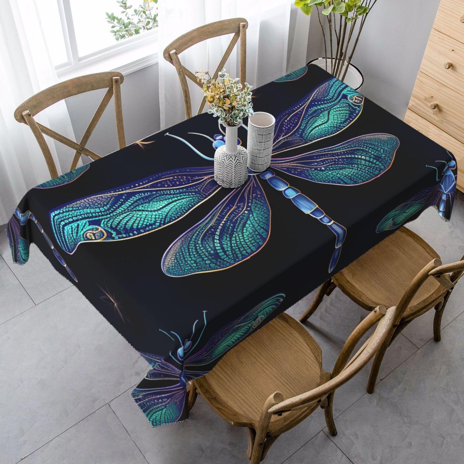 FodPand 35x55 Inch Tablecloth Stain and Wrinkle Resistant Table Cover Rectangular Washable Kitchen Table Cloth for Dinning Room Picnic Patio Party Decor, Dragonfly Pattern Dark Blue