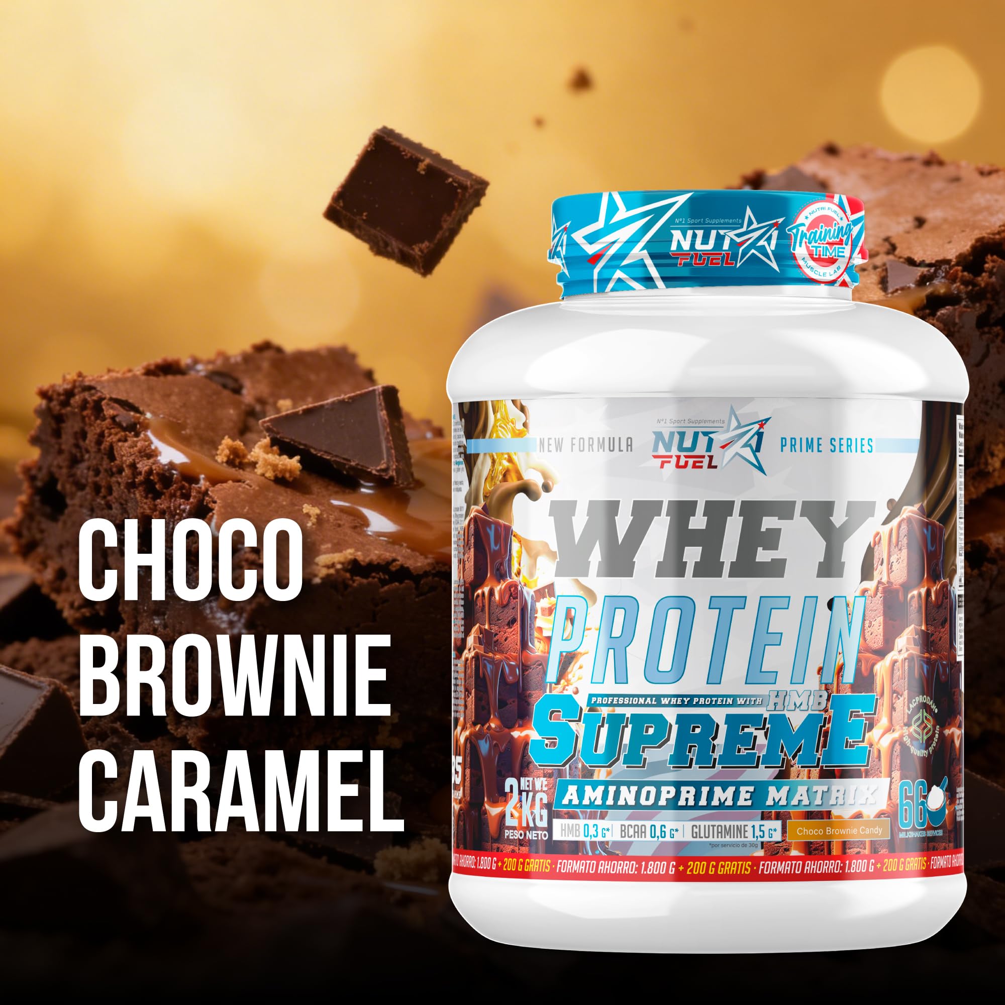 Proteina Whey Alta Pureza Recuperacion Muscular Crecimiento Musculo Aminoacidos HMB Formula Deportiva Batido Proteico Absorcion Rapida Nutricion Deportiva Fuerza Energia (Choco Brownie Caramel 2.000g