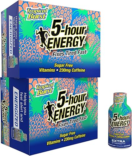 5-hour ENERGY Extra Strength Energy Shot Sabor Tropical Burst 1.93 onzas 24 unidades Sin azúcar y cero calorías Vitaminas B y aminoácidos 230