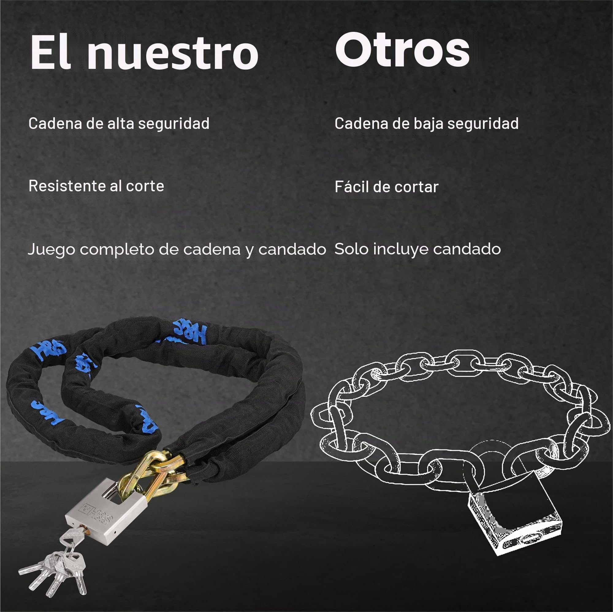 H&S Candado resistente para motocicleta con candado | 10 mm x 2 m | Candado para motocicleta y scooter con cadena de seguridad | Candado de bicicleta de 2 m de alta seguridad | Cadena fuerte y candado