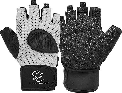 Special Essentials Guantes de levantamiento de pesas para hombres y mujeres, guantes de gimnasio sin dedos con acolchado antideslizante para