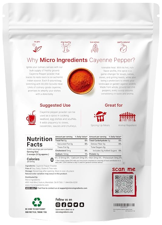 Ground Cayenne Pepper Powder, 6lbs (60,000 SHU Heat) | Premium Source for Spice & Seasoning | Garden Protection from Wildlife | Additive Free, Non-GMO, Bulk Supply