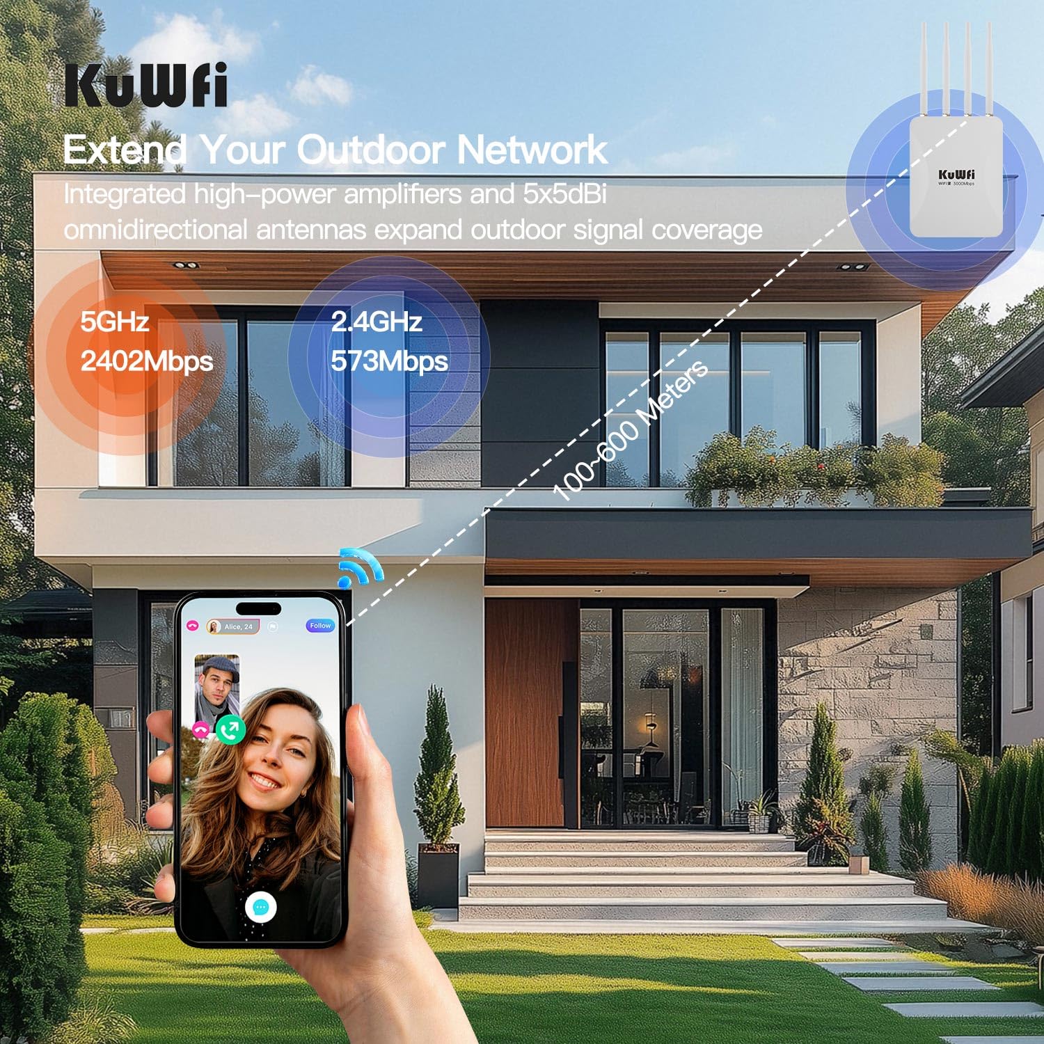 KuWFi Outdoor WiFi 6 Repeater & Extender, Punto di accesso WiFi 6 AX3000 Mbps 2,4 GHz e 5 GHz Point Bridge with 4 High Gain Antennas, Gigabit Port, Poe Powered, Supporto MU-MIMO, Seamless Roaming