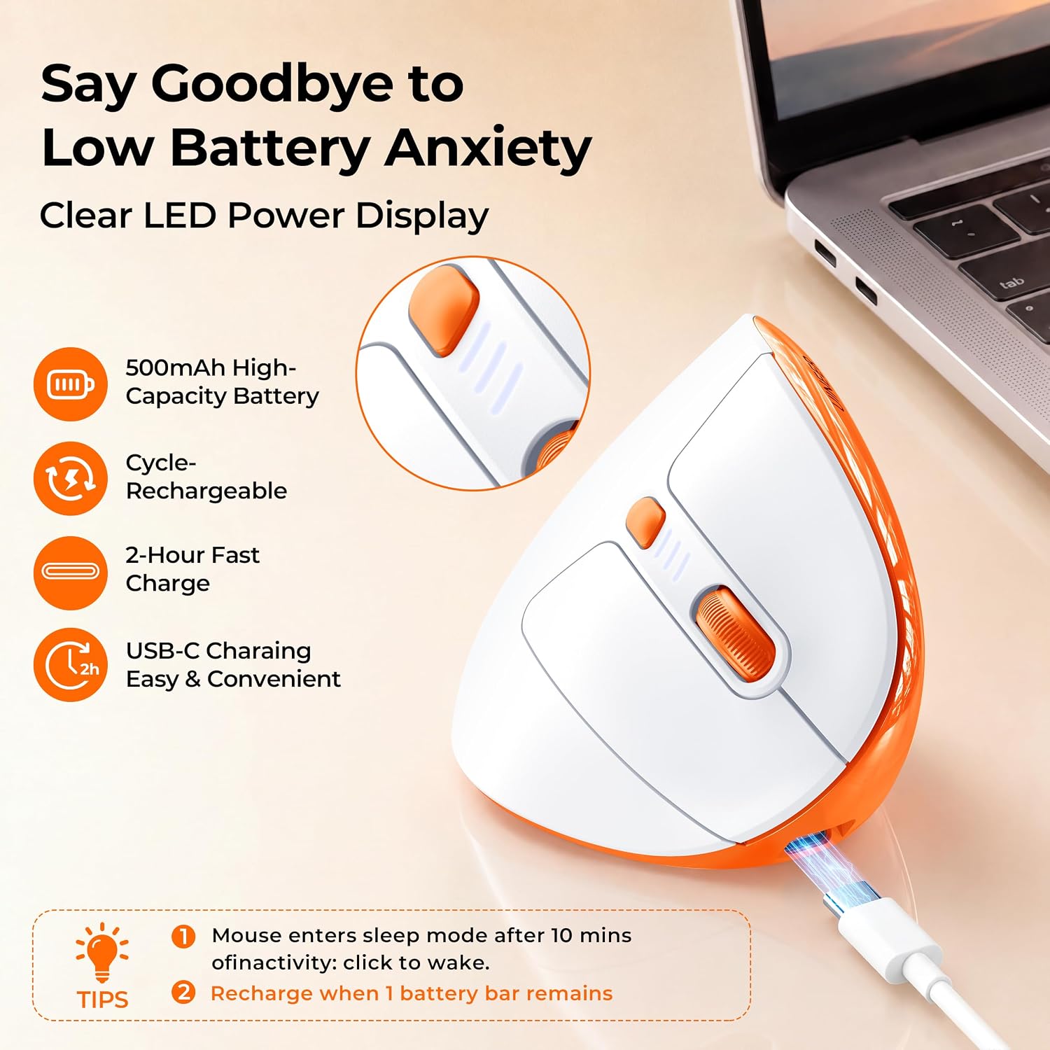 Uineer Ergonomic Vertical Mouse, Tri-Mode Wireless, Rechargeable, 4 DPI | Bluetooth 5.0/4.0 and 2.4GHz USB Receiver, 3-Device Switching and LED Light for Laptop, MacBook, iPad and PC 5