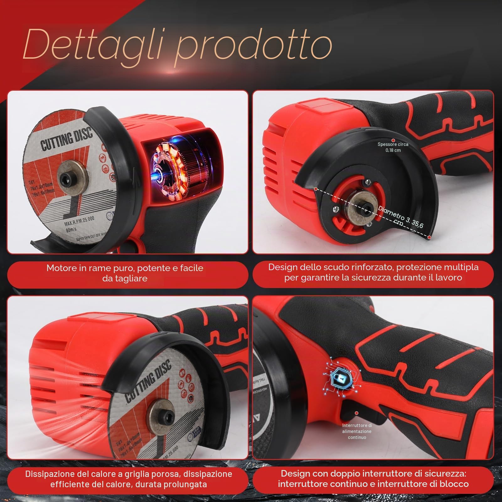 Smerigliatrice a Batteria 76MM, 28000 RPM Smerigliatrice Angolare, Mini Smerigliatrice a Batteria con 2 Batterie 16.8V 2000mAh e 4 Dischi da Taglio per Tagliare, Lucidare e Levigare
