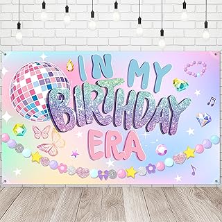 Tiamon Singer Birthday Party Decorations In My Birthday Era Banner 72.8 x 43.3 inches Music Themed Photo Booth Props Glitter Disco Balls Backdrop for Girls Superstar Supplies Outside Indoor Wall Decor
