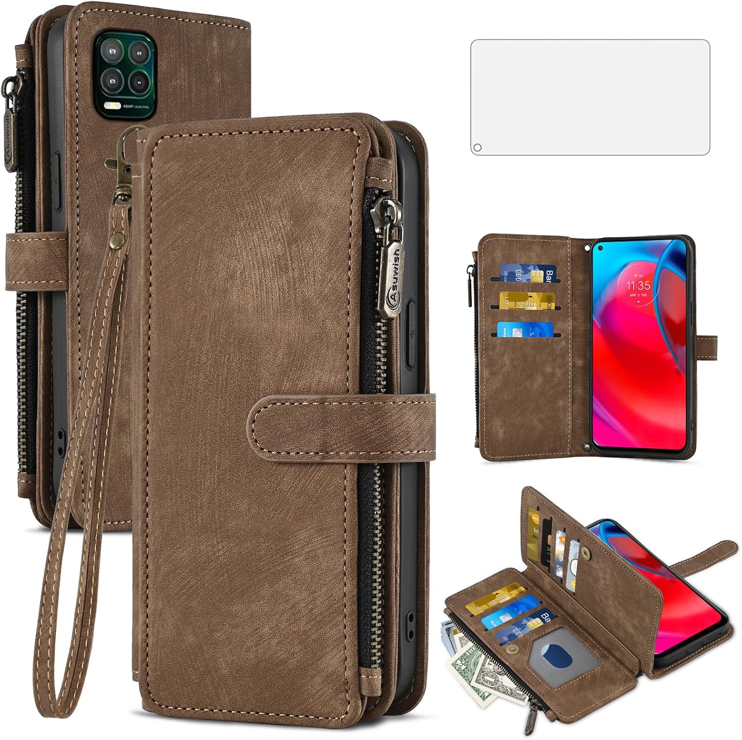 Asuwish Phone Case for Moto G Stylus 5G 2021 Wallet Cover and Tempered Glass Screen Protector Leather Flip Credit Card Holder Stand Rugged Cell Accessories Motorola GStylus G5 XT2131DL Women Men Brown