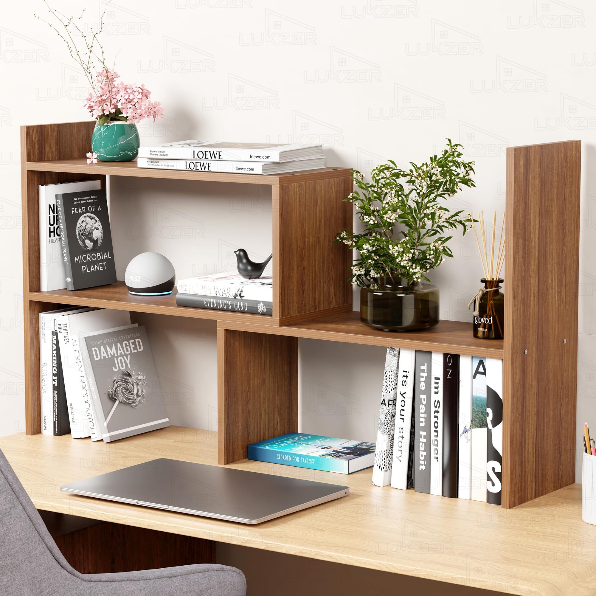 Lukzer MR-011 Oak Brown Adjustable 5-Tier Bookshelf | Multi-Functional Storage Rack for Living Room, Bedroom, Home, Office & Kitchen|Engineered Wood Bookcase|121x61x24cm|DIY Bookshelves|Made in India
