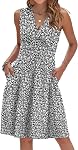 WNEEDU Women Summer Dress Sleeveless Casual Dresses V Neck Wrap Waist Dress with Pockets