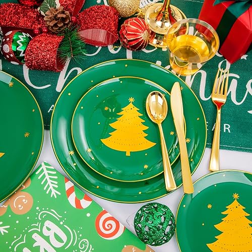Miniatura 6 de WDF 150 platos de Navidad desechables de plástico  25 platos verdes invitados con árbol dorado, cubiertos de plástico dorado, tazas doradas