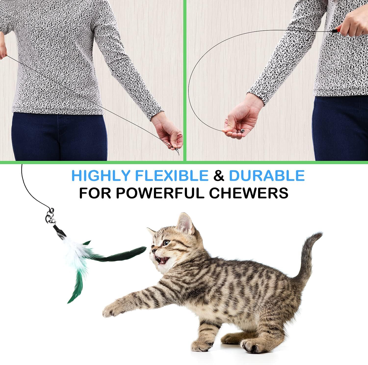 Pawaboo Feather Teaser Cat Toy, Interactive Wand With Extra Long 34.5" Handle and Small Bell - Image 4