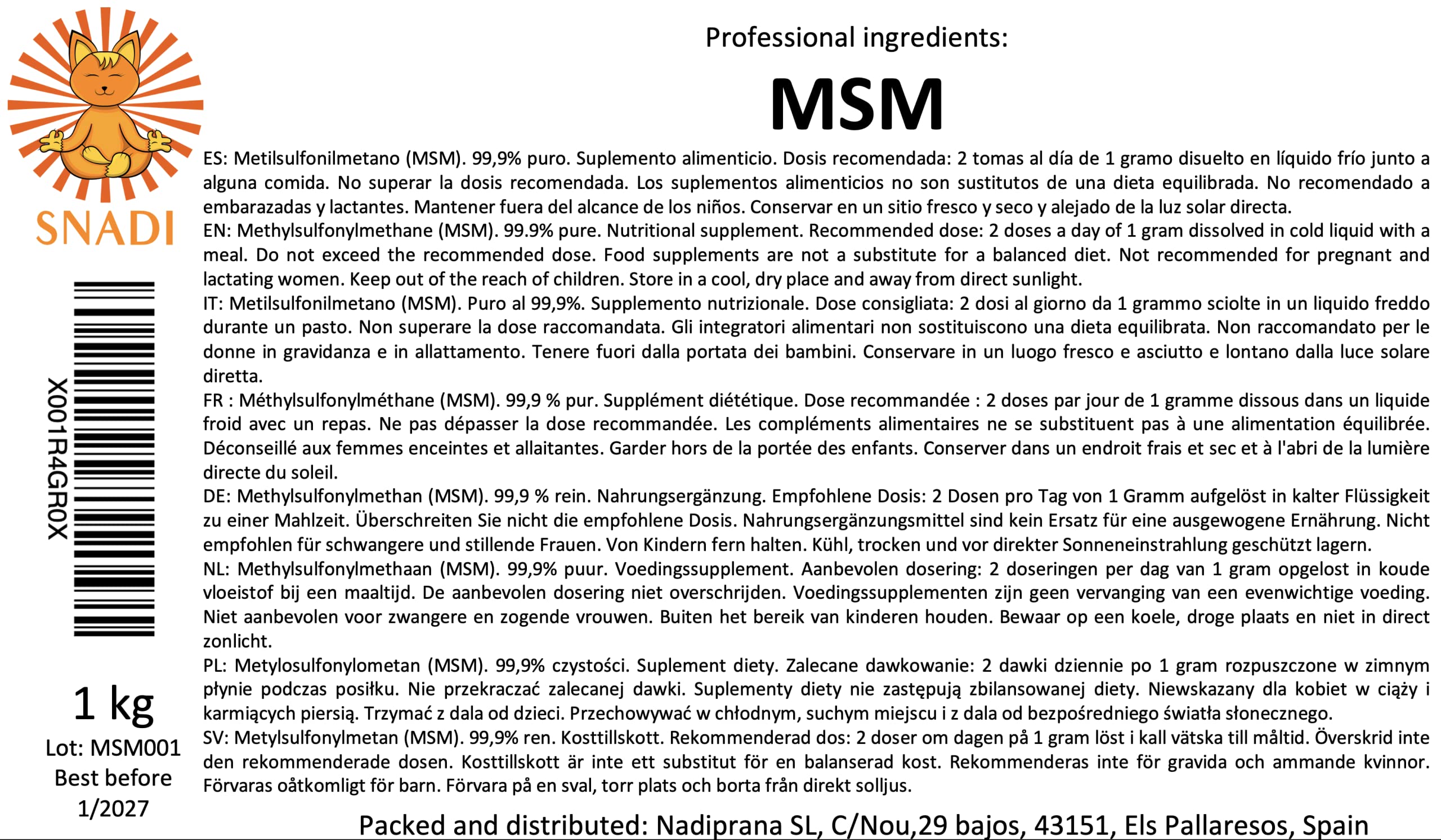 Puro MSM en Polvo 1 KG | Metilsulfonilmetano de 99.9% Pureza | Vegano y Libre de Aditivos | Alta Bio-absorción | Para Piel, Uñas y Pelo, Sin Color, Tamaño 1 KG