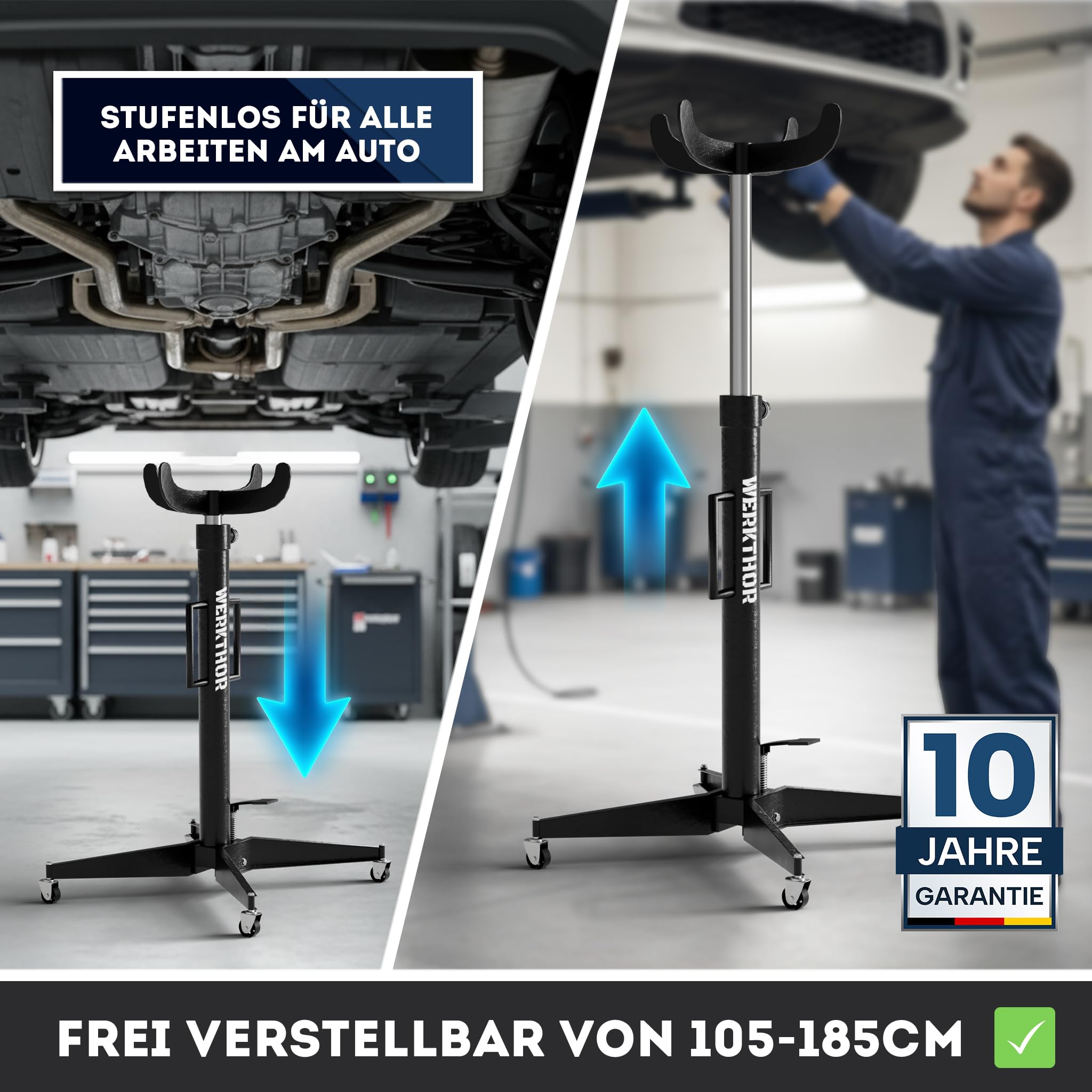 WERKTHOR Getriebeheber 500kg hydraulisch & verstellbar 105-185 cm – Motorheber Faulenzer für Werkstatt – Getriebeheber kfz rollbar mit 4 Lenkrollen & Fußpedal – Auto Heber Schwarz