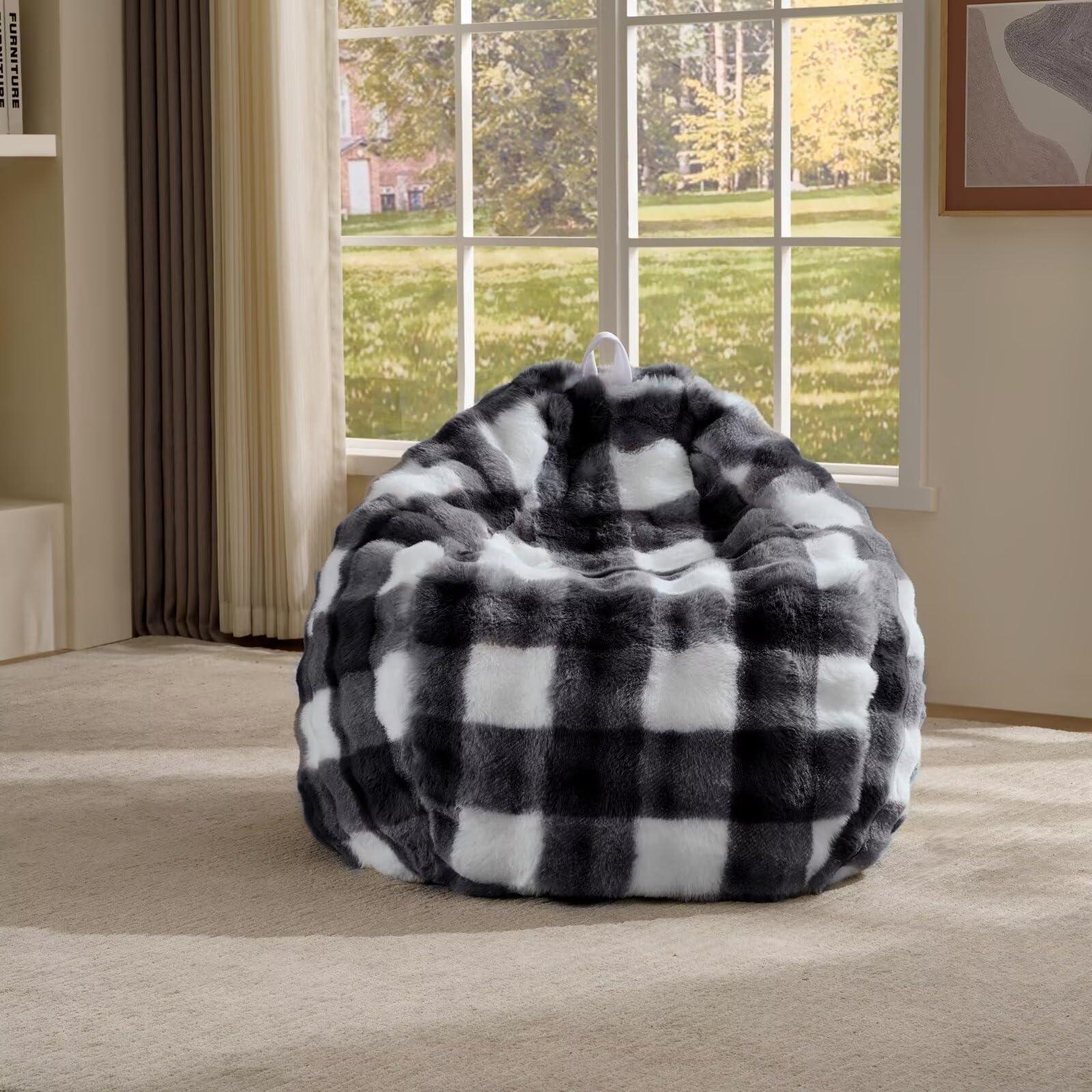 Fluffy Faux Rabbit Fur Bean Bag Chair Cover(No Filler),Cozy Shaggy Bubble Stuffed Animal Storage Large Bean Bag Cover for Bedroom Living Room,Fuzzy Bean Bag Cover Girls Teens Adult,Black/White