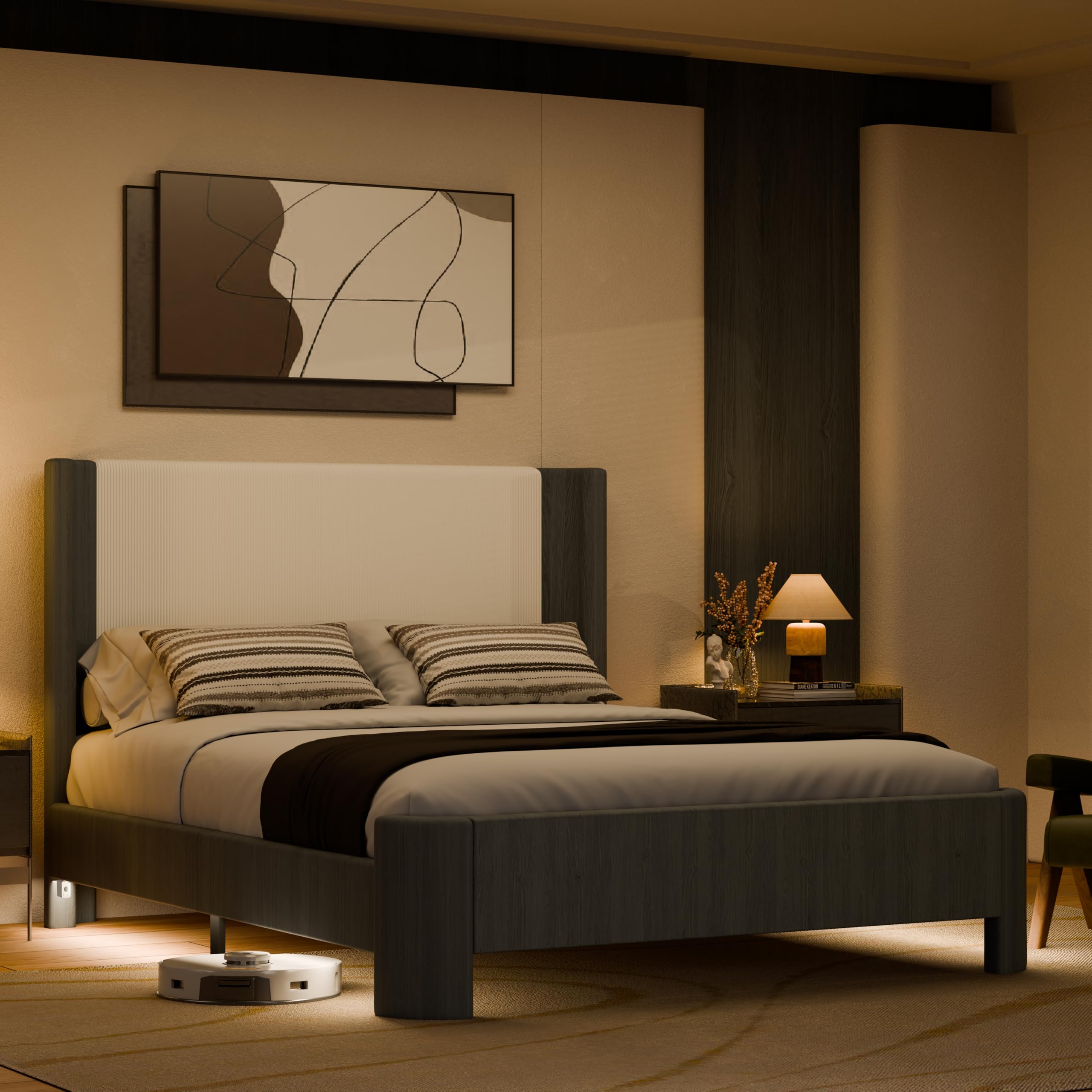 ALLHOMWIE Upholstered Bed Frame with Wingback Headboard, Upgraded Platform Bed with Integrated LED Lighting, 9-Point Support Base, Simplified Assembly