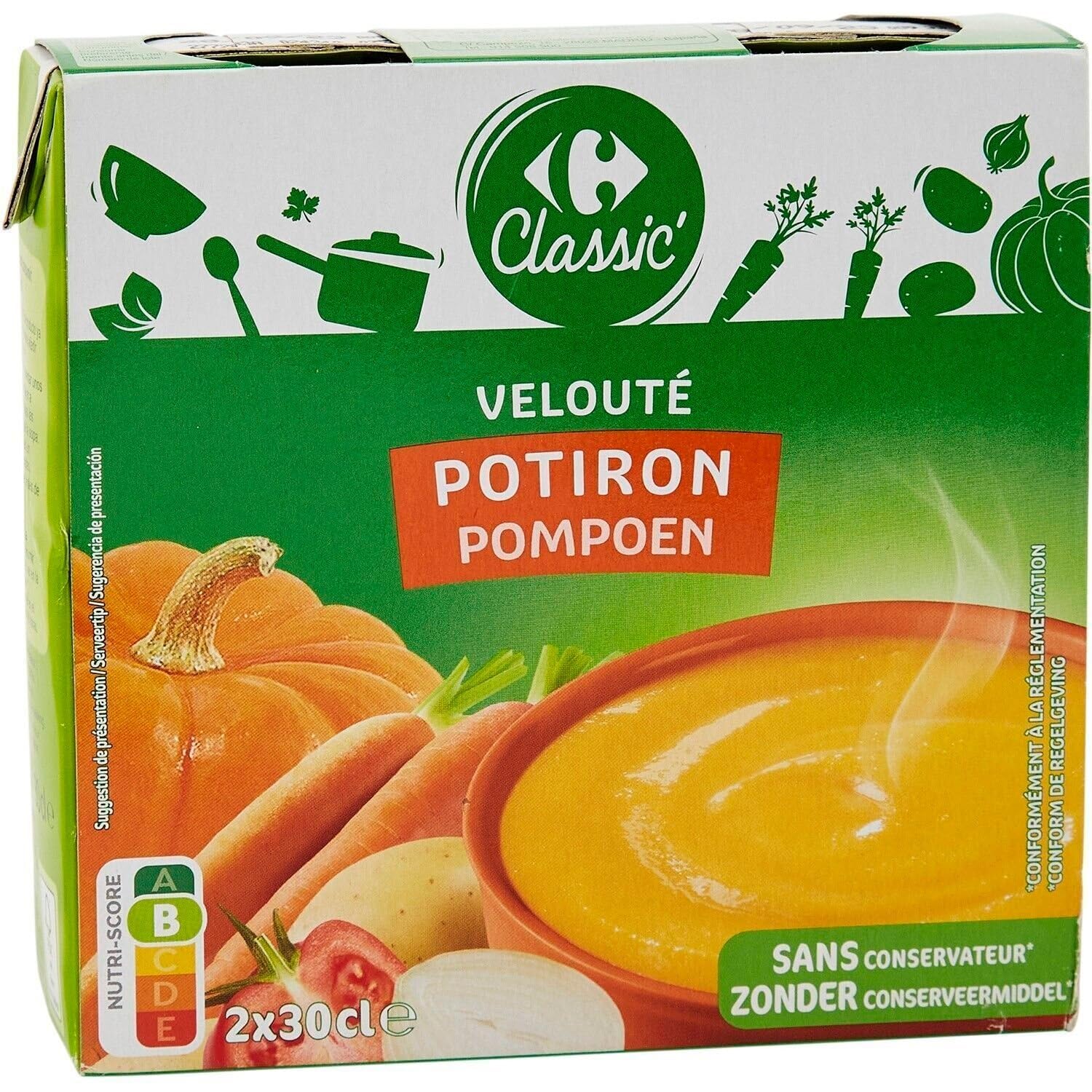 CARREFOUR CLASSIC' - Velouté de Potiron aux Légumes et Crème - Prêt à Consommer - les 2 briques de 30cL - Le Lot De 4