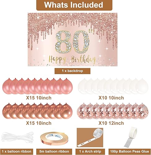 B0BRJ2LP35_image_1 Cartel de feliz cumpleaños número 80 con arco de guirnalda de globos de confeti juego de globos de cumpleaños número 80 para mujer póster rosa de