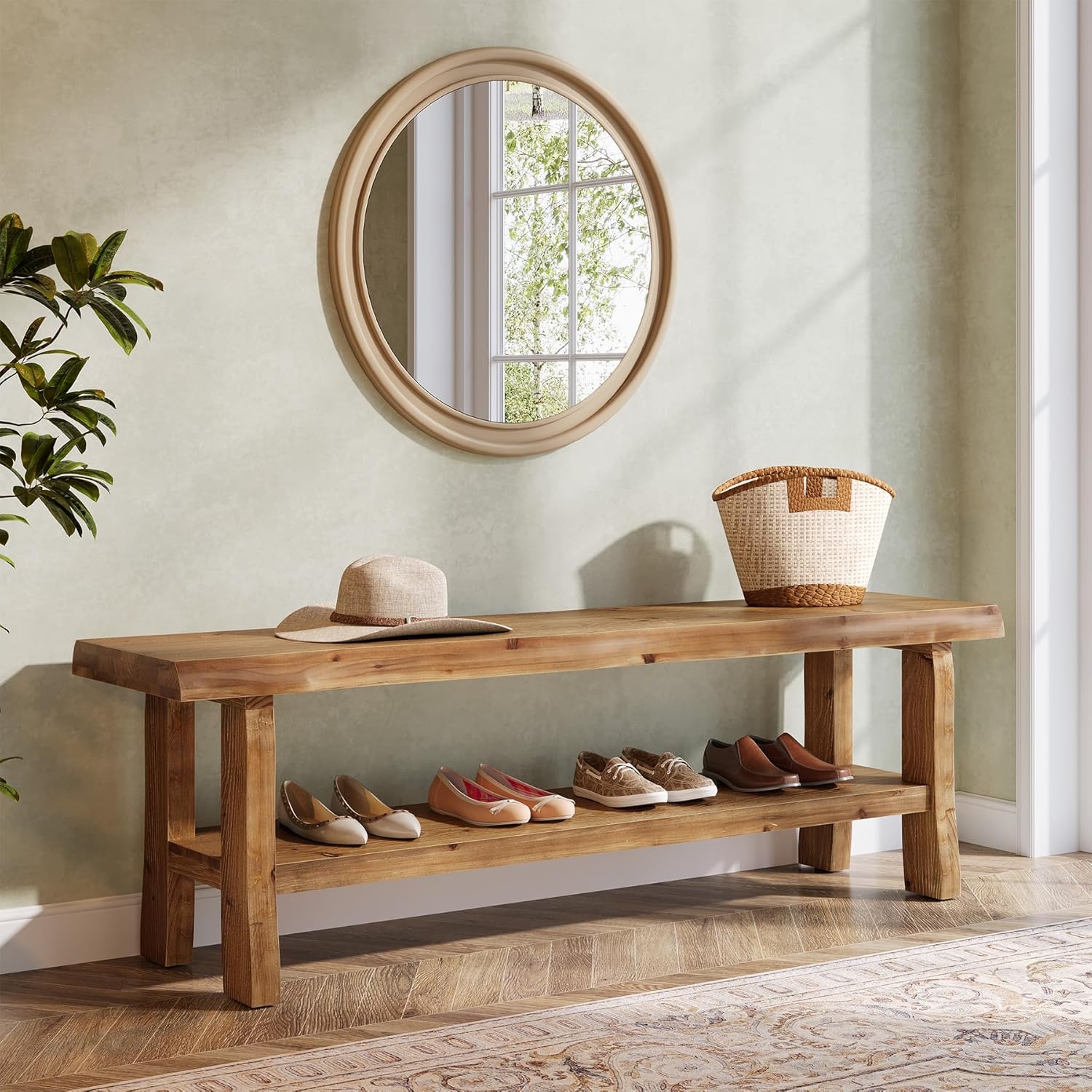 Solid Wood Shoe Storage Bench, 55-Inch Entryway Bench with Lower Shelf, Farmhouse End of Bed Stool or Bedroom, Living Room, Hallway, Mudroom