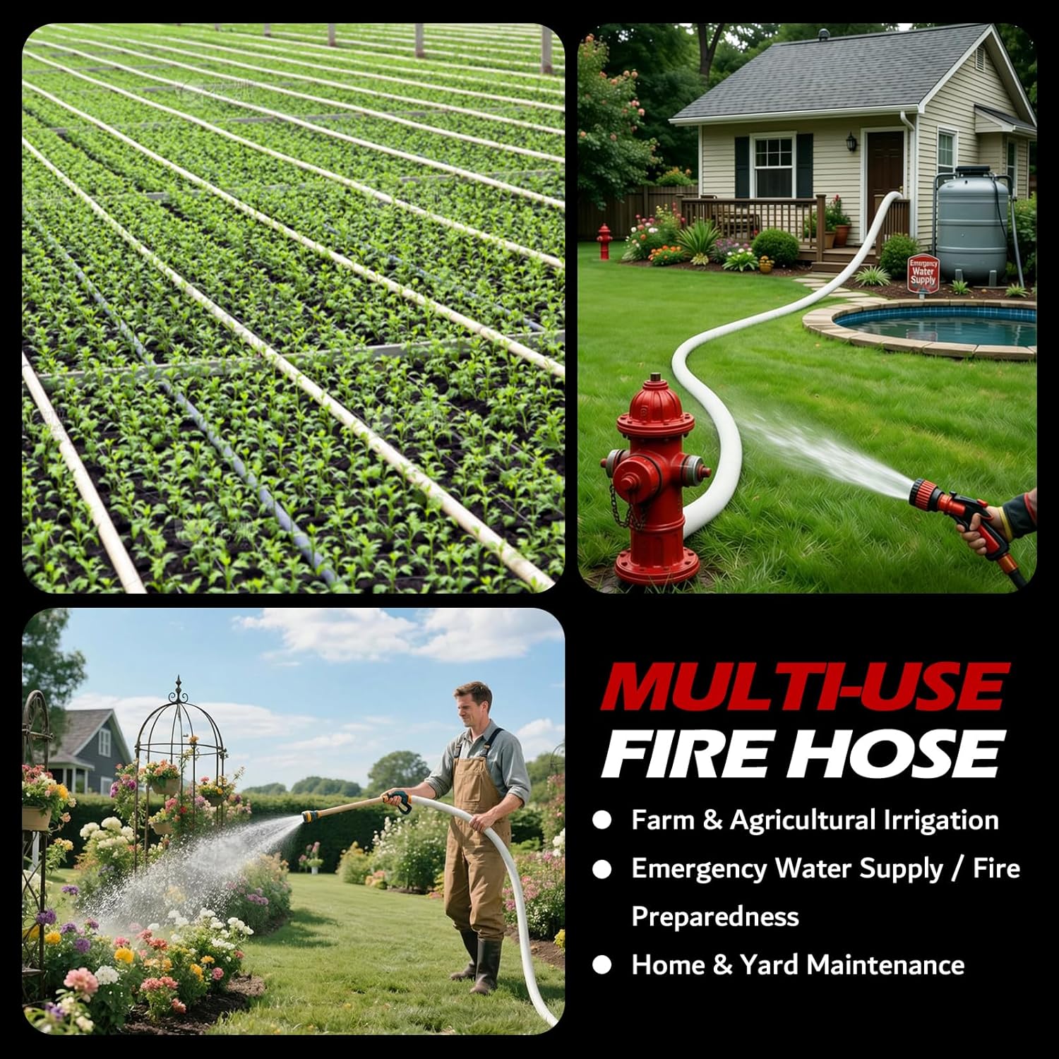 Fire Hose 1-1/2" ID x 50 FT, Single Jacket TPU Lined Firefighter Hose, 250 PSI Working / 750 PSI Burst, M x F NST/NH Brass Couplings, Lightweight & Durable