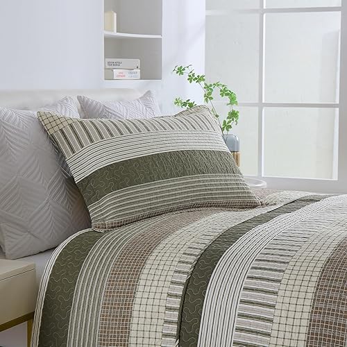 Vista 56 de Finlonte Juego de edredón tamaño King, colcha a rayas marrón, verde, beige, edredón reversible ligero para todas las estaciones, 3 piezas