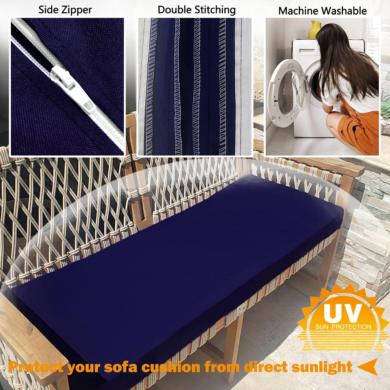 Condition photo showing New/Like New for sqodok patio bench/swing cushion cover, waterproof outdoor cushion covers replacement, patio cushion seat slicovers with zipper for loveseat, bench, wicker sofa (blue, 42"x18"x3"-1 pack-cover only) dark blue 42"x18"x3"-1 pack-cover only