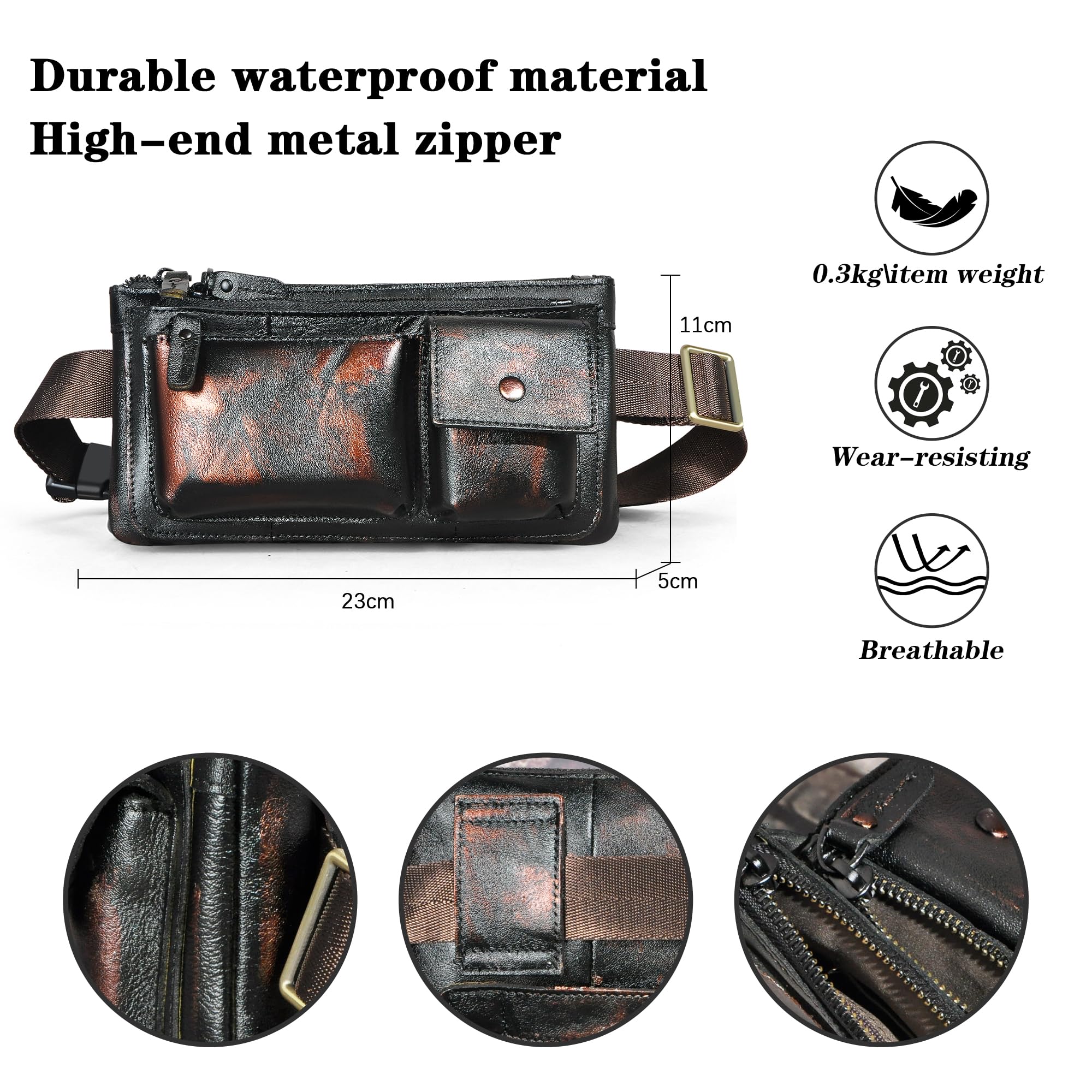 Handadsume Canvas + Genuine Leather Hiking Riding Travel Fanny Waist Pack Small Phone Belt Pouch for Men Women FB811-29 (100% Leather-811-29 Coffee) - Image 3