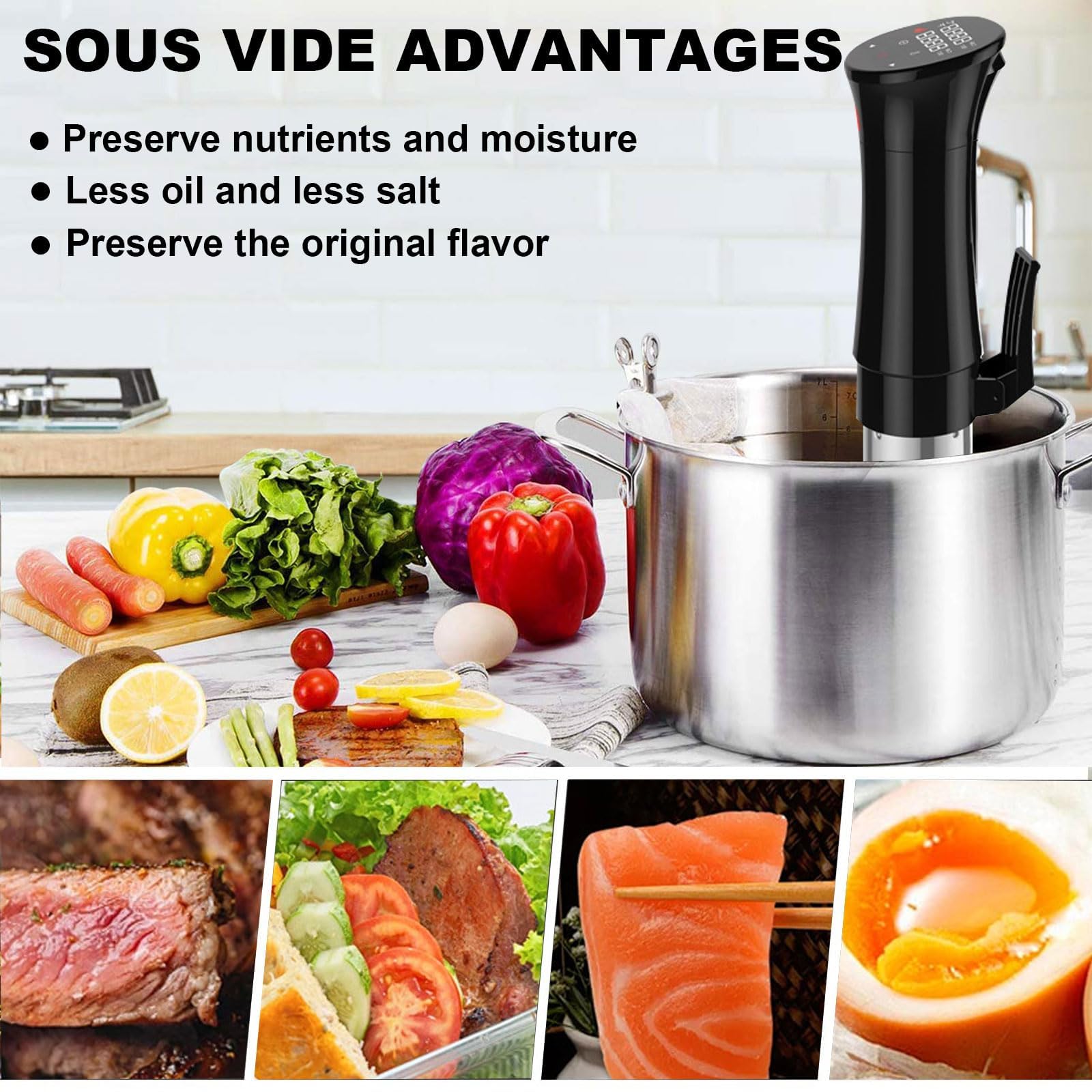 Sous Vide, Máquina Sous Vide de 1100W, Circulador de Inmersión Térmica para Baño de Agua, Control Preciso de Tiempo y Temperatura, Rango de 25–95°C