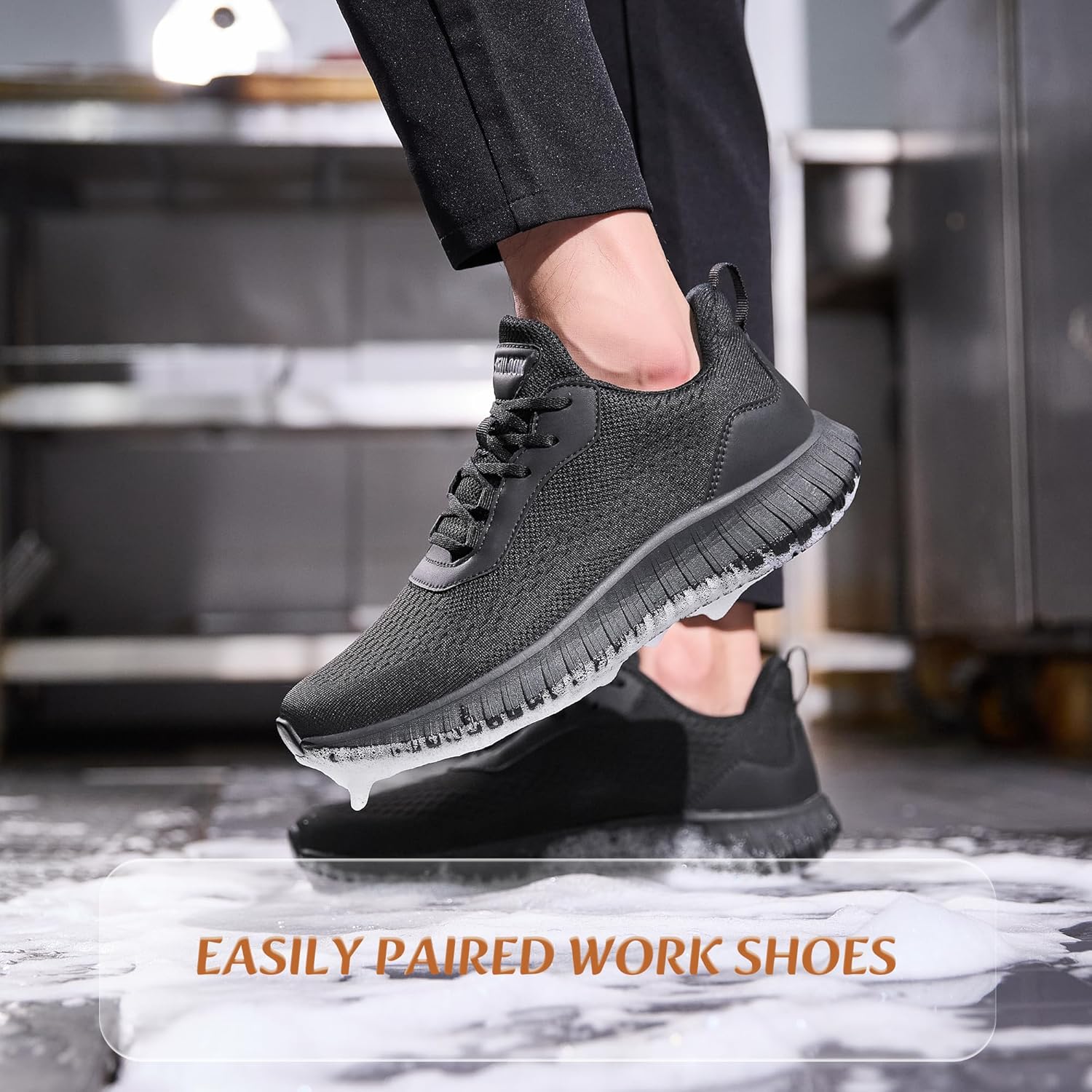 SHULOOK Non Slip Work Shoes for Men Slip Resistant Food Service Kitchen Chef Restaurant Nurse Work Sneakers Lace Up Mesh Comfortable & Casual Walking Shoes Black - Image 6