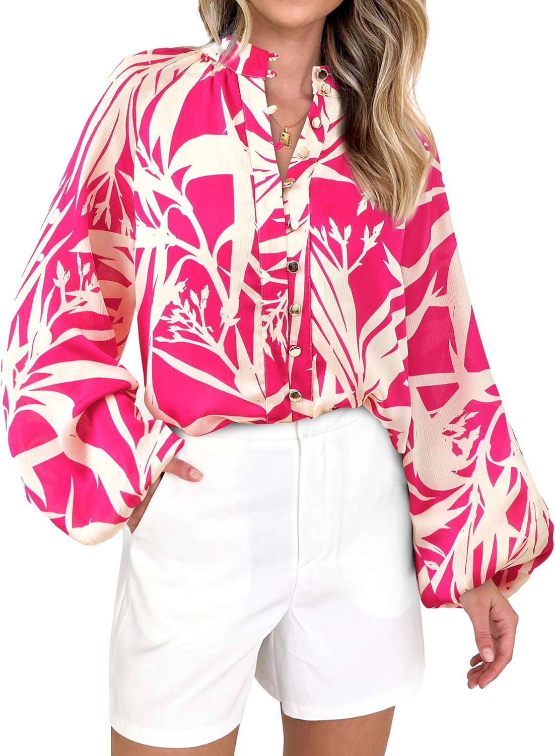 MASCOMODA Womens Boho Floral Print Fall Tops Dressy Casual V Neck Button Down Lantern Long Sleeve Shirts Chiffon Work Blouse