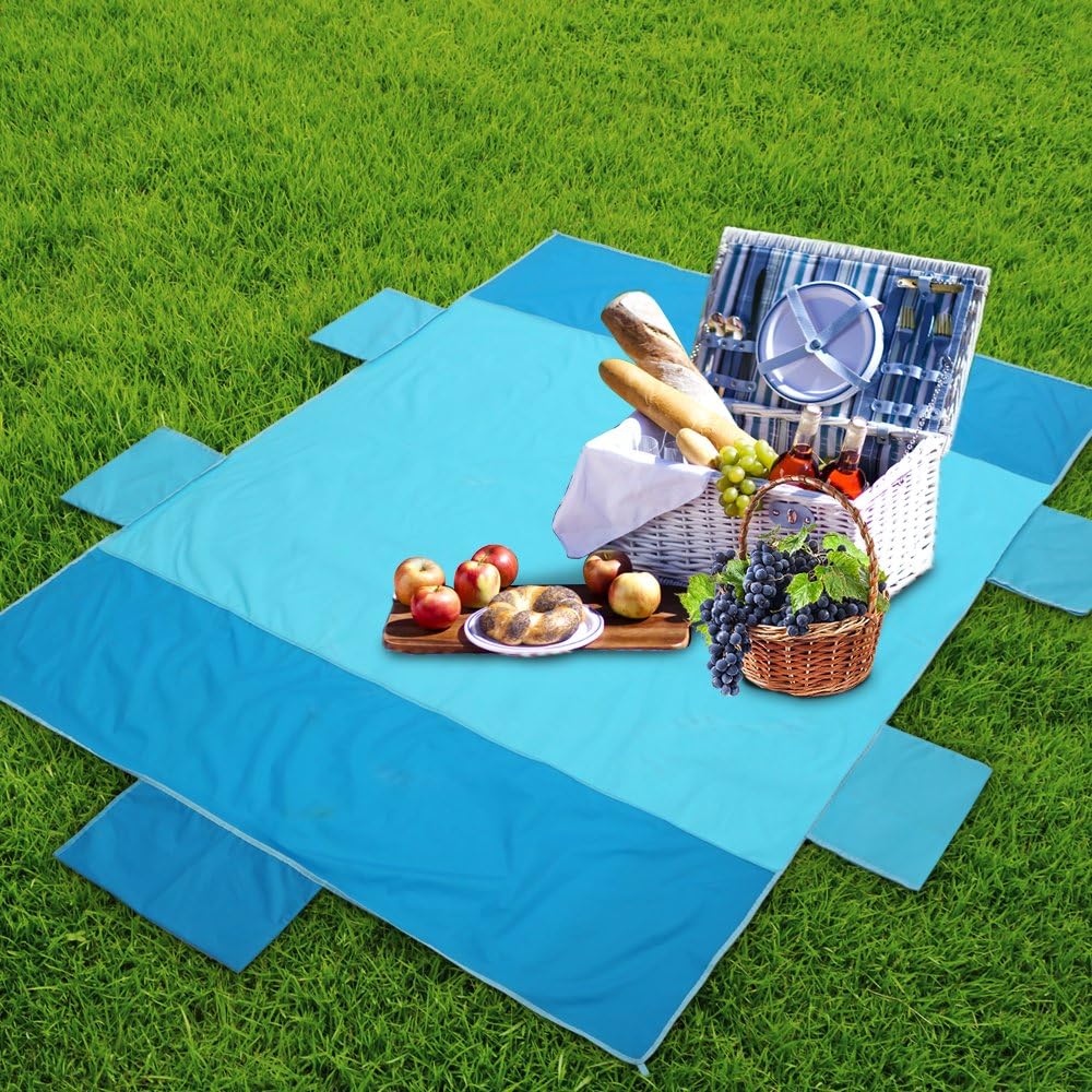 Beach Blanket, Portable Nylon Picnic Mattress Waterproof Foldable Camping, Outdoor and Travel Mat Beach Mat with Carry Bag & 4 Pieces Mat Stakes (Light Blue)
