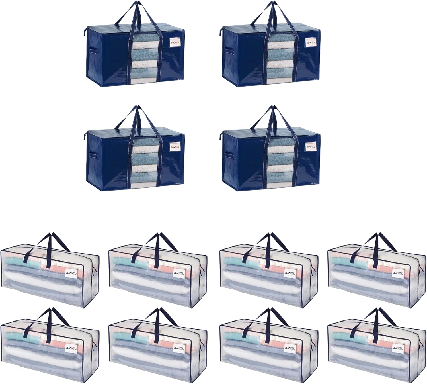 VENO 12 Pack Moving Bags (8 Pack Clear Moving Bag with Backpack Straps + 4 Pack Blue Extra Large Moving Bags with Window)