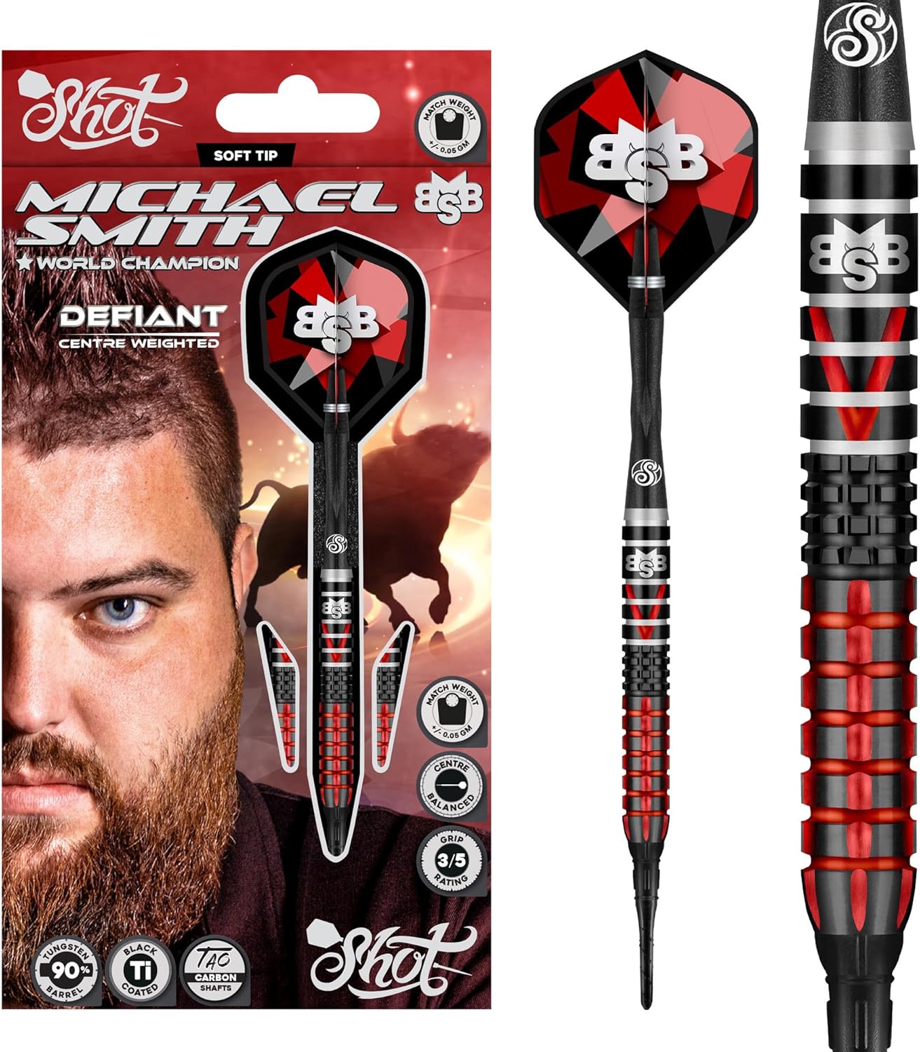 Shot! Darts Soft Tip, Michael Smith Defiant (18g / 20g), 90% Tungsten Barrel, Center Weighted, Handcrafted Professional Dart Set & Flights Made in New Zealand, Plastic Tip for Electronic Dartboard