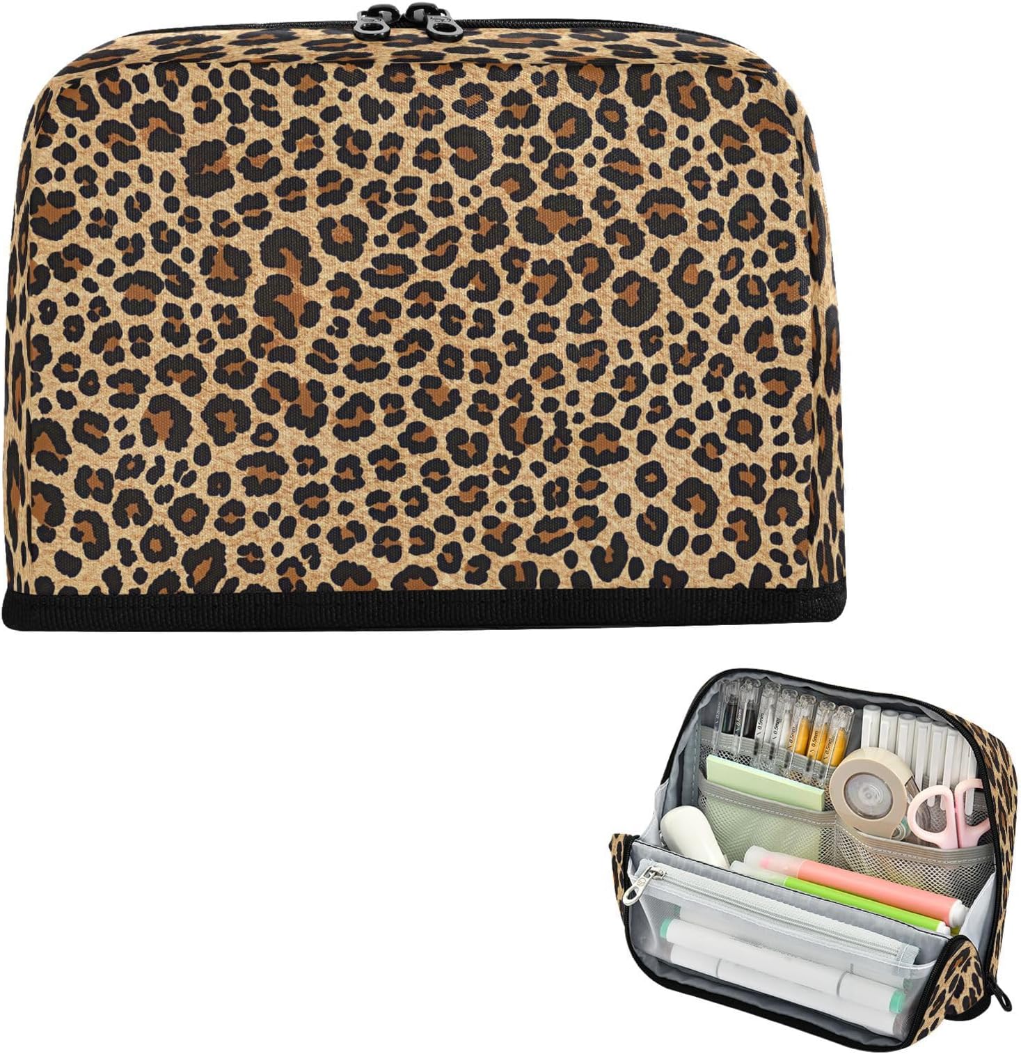 Brown Leopard Print Pencil Case Organizer, Large Capacity Stand-Up Pen Pouch with 3 Compartments, Foldable Makeup Bag for School Office Travel Supplies, 8.3 x 5.9 Inch