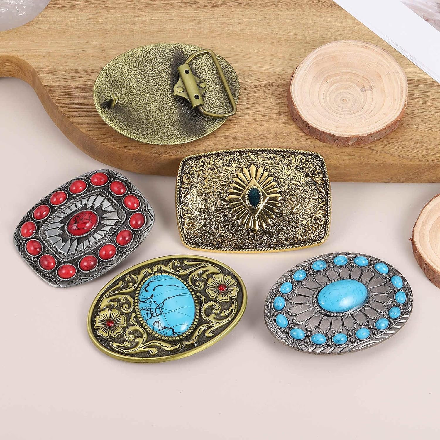 MECCANIXITY Western Belt Buckle for Men, Big Turquoise Belt Buckle for Women Mens Cowboy, the Tang Dynasty Grass Pattern - Image 3