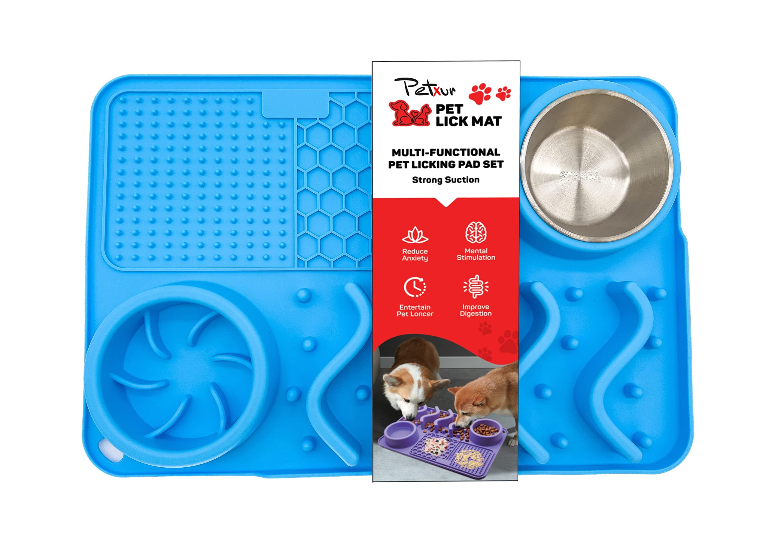 PETXUR - Small Size Dog Slow Feeder Mat, Lick Mat - All in One Slow Feeding Food Bowl, Anxiety Relief, Spillproof, Wet Food, Puzzle mat, Non Toxic Silicone - (Blue)