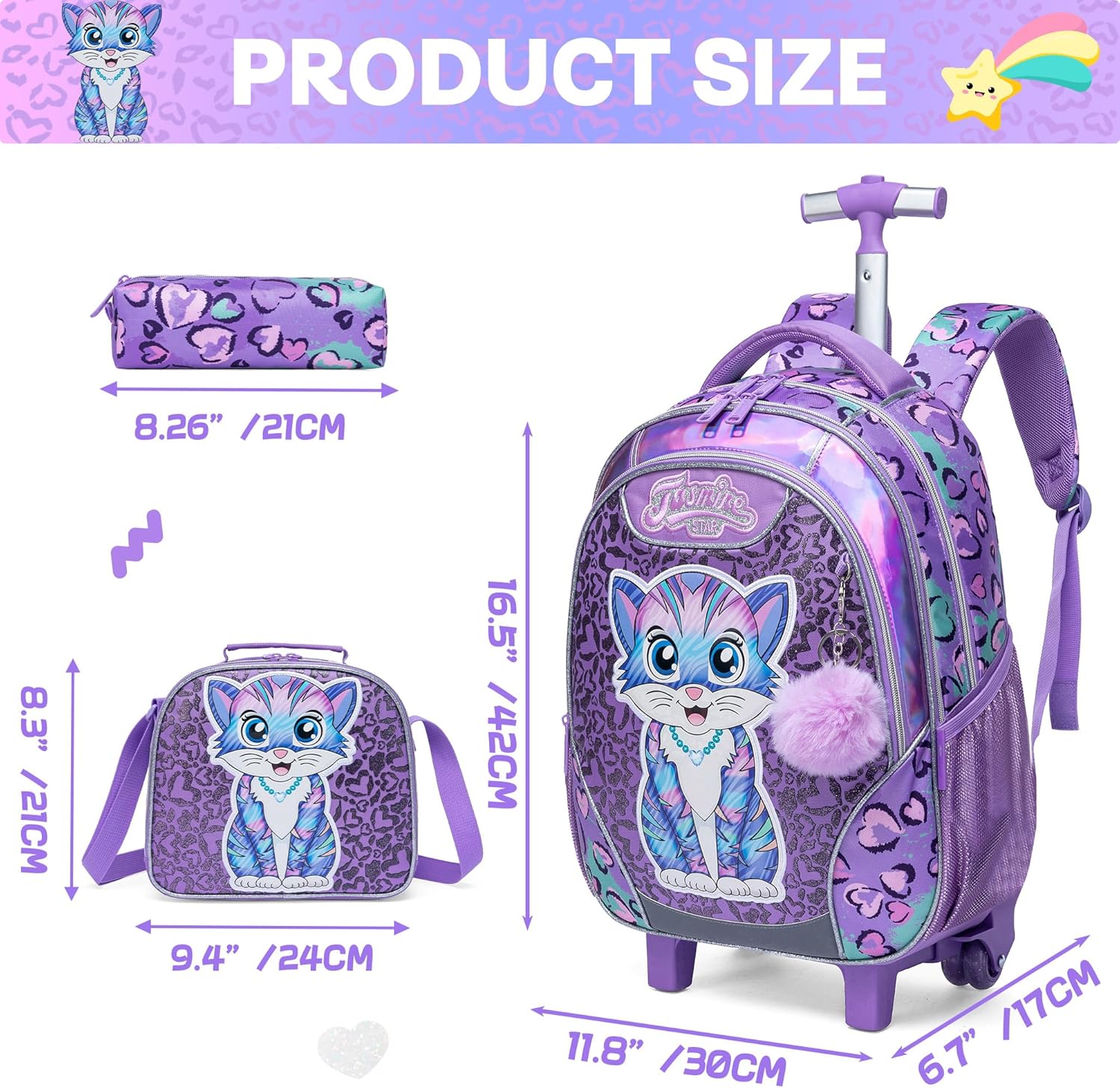 Meetbelify Rolling Backpack for Girls Backpacks with Wheels for Elementary Preschool Students 3 in 1 Carry on Travel Luggage Kids Suitcase with Lunch Box Pencil Case for Girls Age 8-10 - Image 2