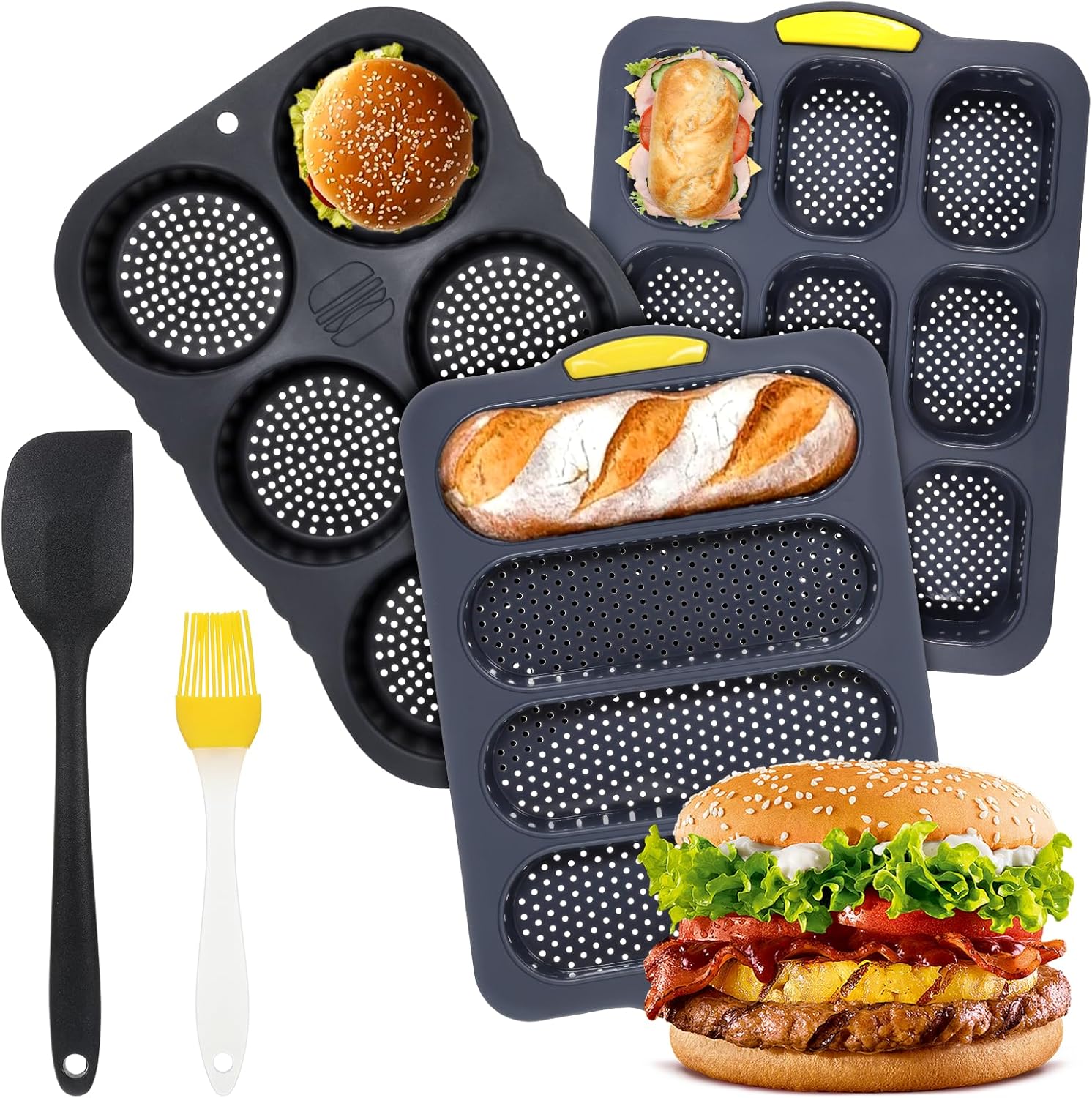JJUNW Set of 5 Silicone Hamburger Bun Mold, 4/6/9 Cup Silicone Hotdog Bun Pan with Spatula Brush, Mini Baguette Pans Bread Baking Pan for Homemade Hamburger Buns