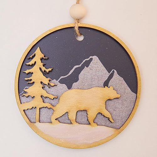 Miniatura 8 de Adorno de oso de madera 3D de 4 pulgadas, decoración rústica de árbol de Navidad de bosque de montaña