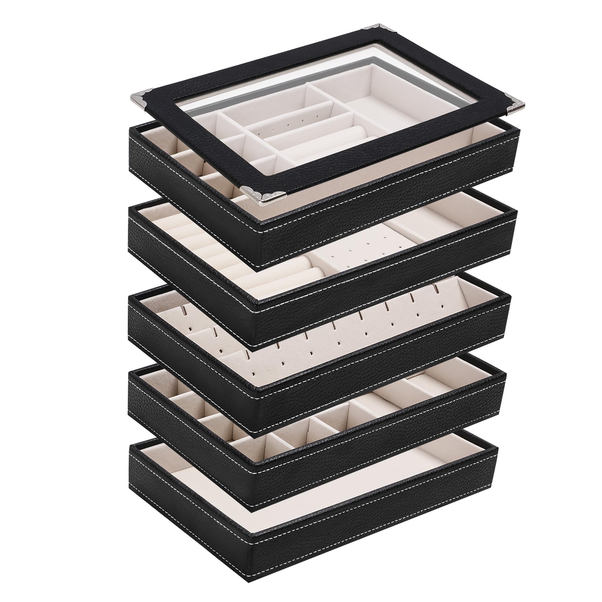 Boxudeli 5 Ebenen Schmucktablett Stapelbar, Schmuckkästchen groß Schmuckschalen Schubladedisplay mit transparentem Deckel, Schmuckaufbewahrung Organiser (Schwarz, 5 Lagen Deckel zum Abnehmen)