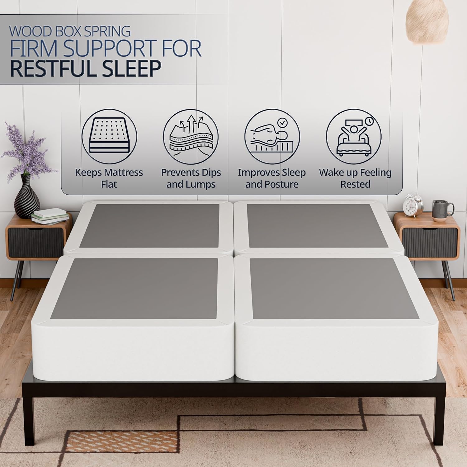 Zayton, Box Spring Bed Base King Size, 8-Inch Wood Mattress Foundation – Amish Made in USA – Quiet Noise Free, 4-Pieces Under Mattress-Support BoxSpring, Fully Assembled, White