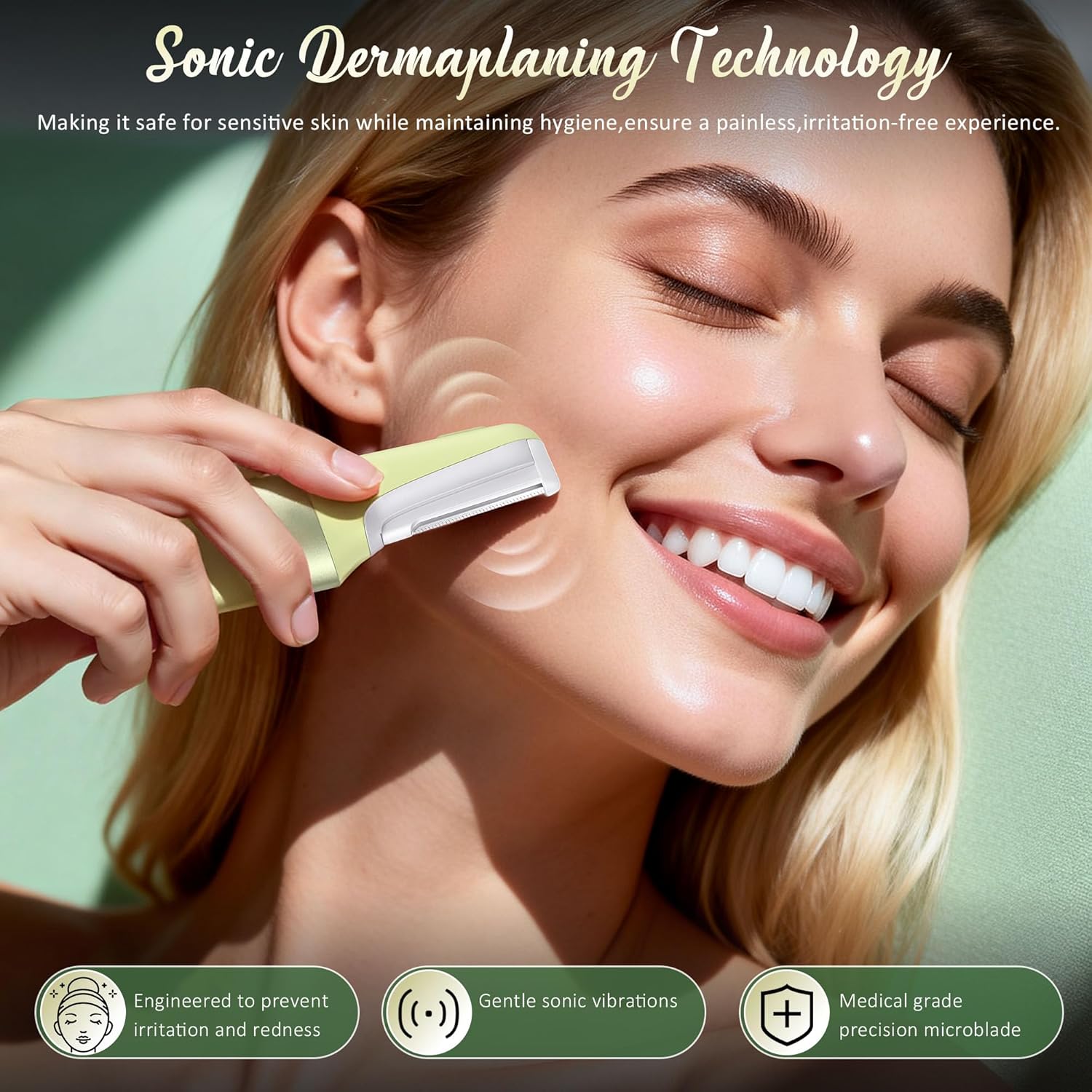 Sonic Dermaplane Razor for Women Face Beauty Face Epilator, Exfoliation & Peach Fuzz Facial Hair Removal for Women, Electric Face Razors Shaver Trimmer Anti-Aging 3 Speeds & 10 Refill Blades, Green