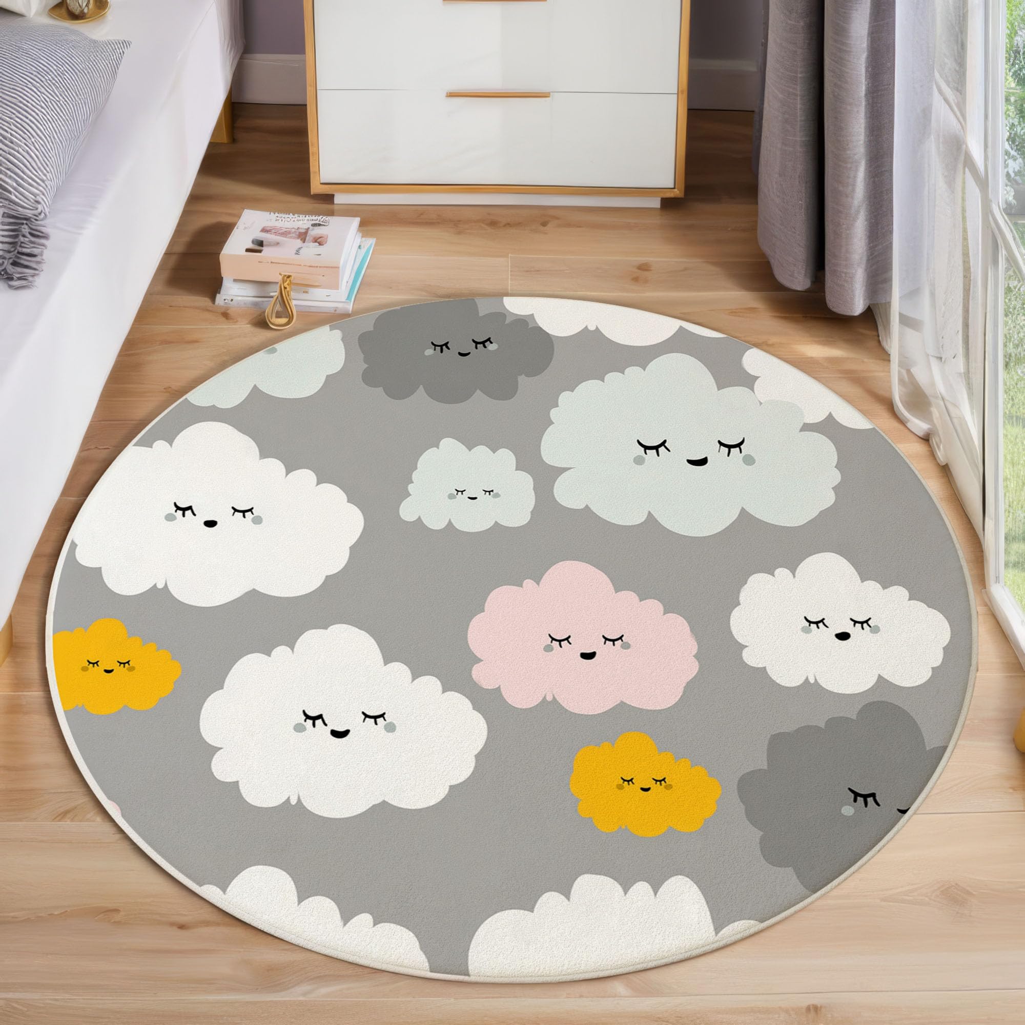 Tapis de salon et chambre d'enfant gris anthracite rond 200 cm motif nuage