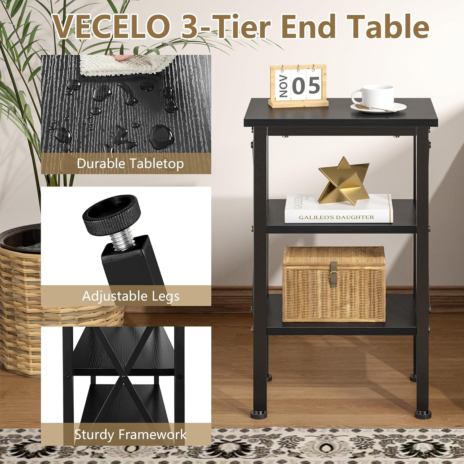 VECELO End Table, Bedside Table, 24" Tall Living Room End Tables, X-Design Reinforced Nightstands, Side Table with 3-Tier Storage Shelves for Small Spaces, Office, Bathroom, Bedroom, Classic Black