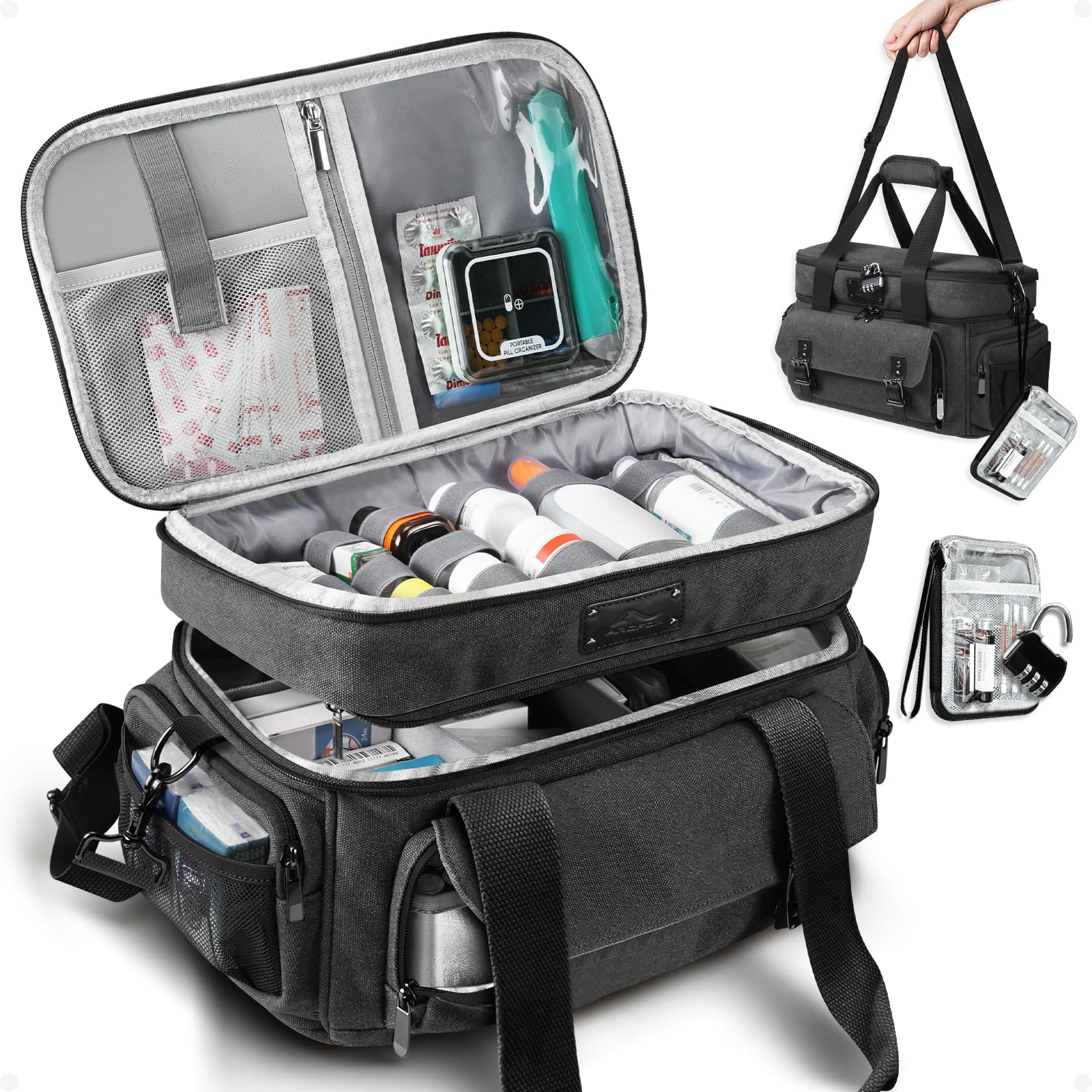 ARCFOX Medicine Storage Bag with Lock, Vintage Canvas Large Pill Bottle Organizer for Men, Double Layers Medication Storage with Portable Travel Pouch