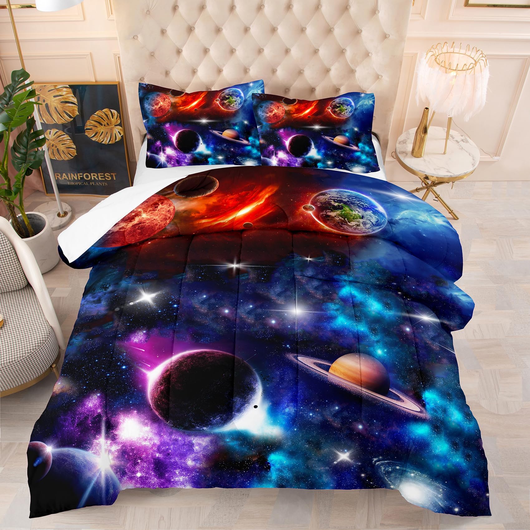 NINENINESpace Bedding Sets Queen Size for Girls Purple Galaxy Comforter Outer Space Earth Planets Stars Theme Solar Galaxy Bedding System Bed Set with 1 Space Comforter 2 Pillowcases