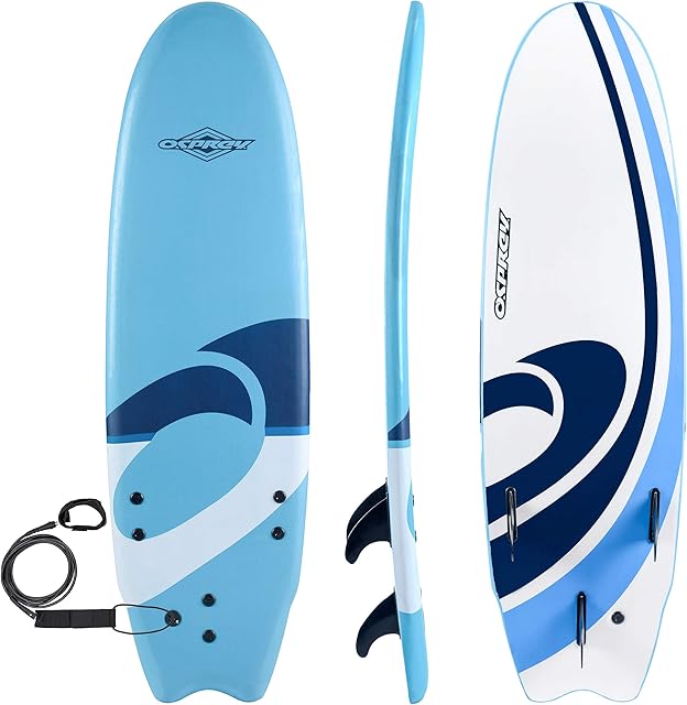 Osprey Foam Surfboard Soft Foamie Complete with Leash and Fins, Blue Logo, 6 ft/7 ft/8 ft