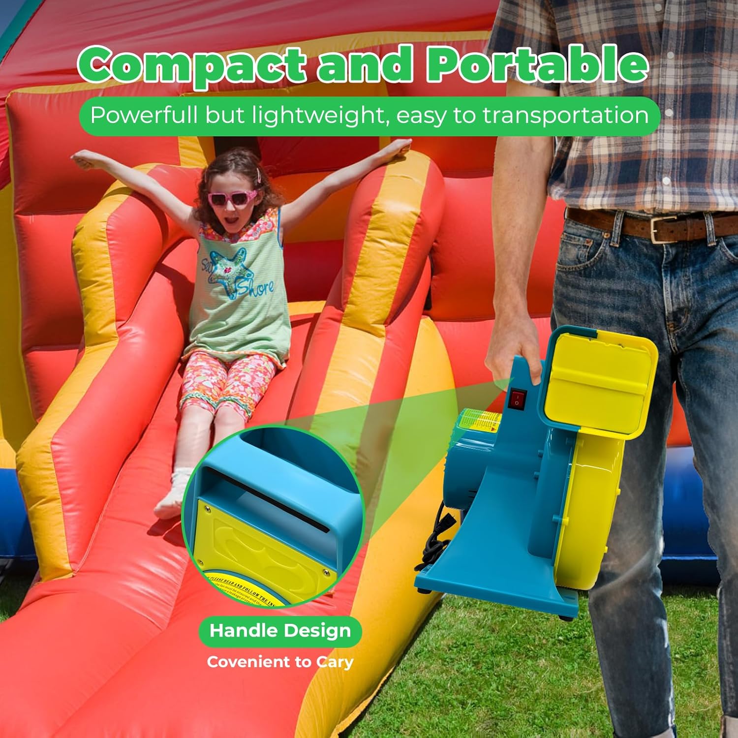 Bounce House Blower High Power Inflatable Air Blower – Large PVC Bounce Castles Water Slide & Event Inflatables IPX4 Waterproof, 110-120V with 6 Stakes-1HP 750W