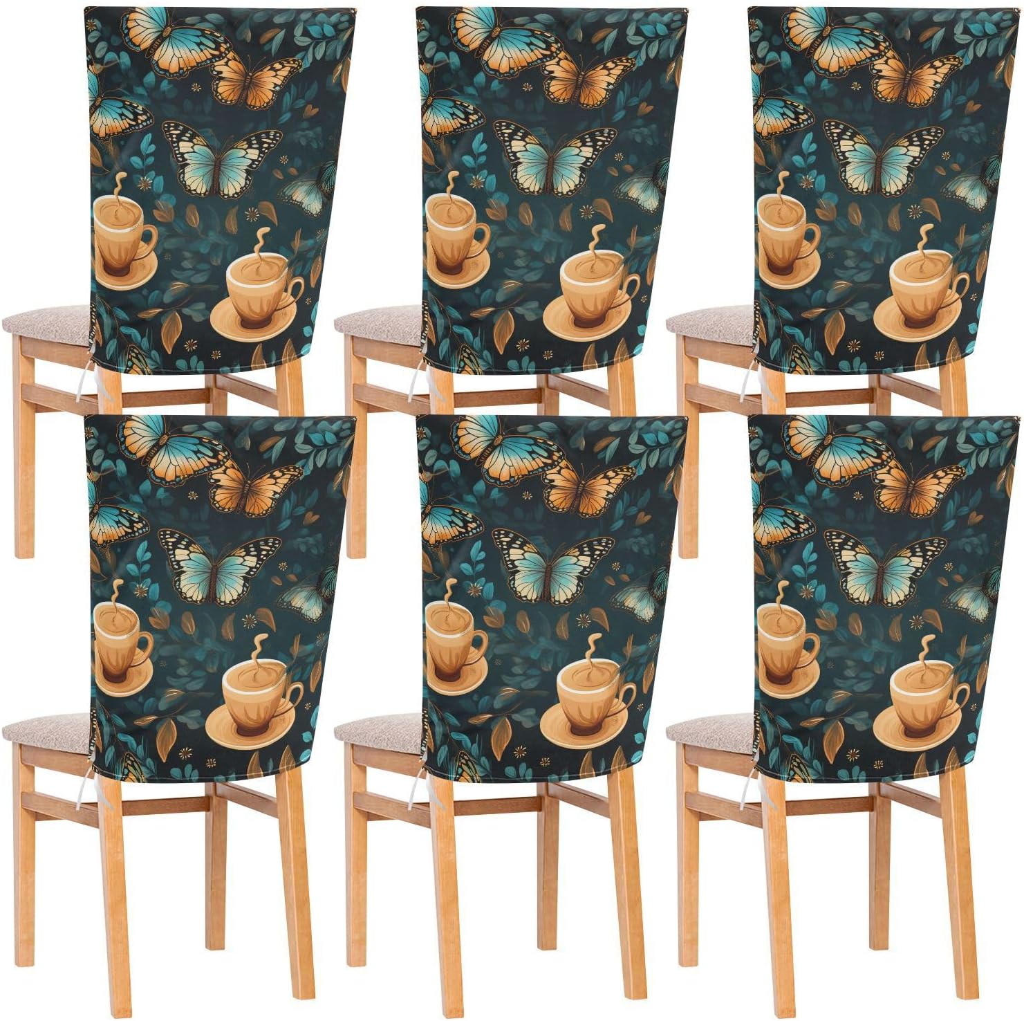 ALAZA Butterflies Coffee Cups Leaves Chair Back Cover Set of 6, Washable Reusable Removable Chair Slipcovers Decorative Chair Cover for Home Kitchen Wedding Party